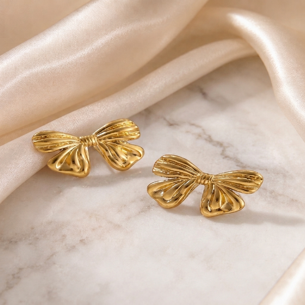 Golden Bow Charm Stud Earrings