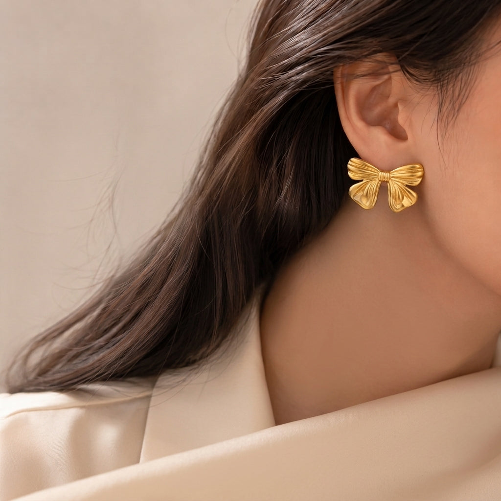 Golden Bow Charm Stud Earrings