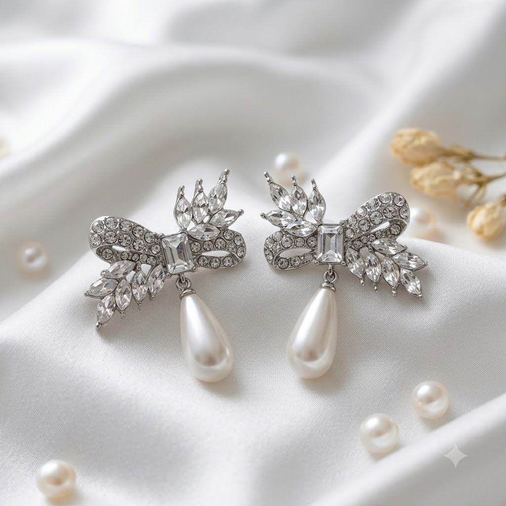 Celestial Crystal Bow Pearl Drop Earrings