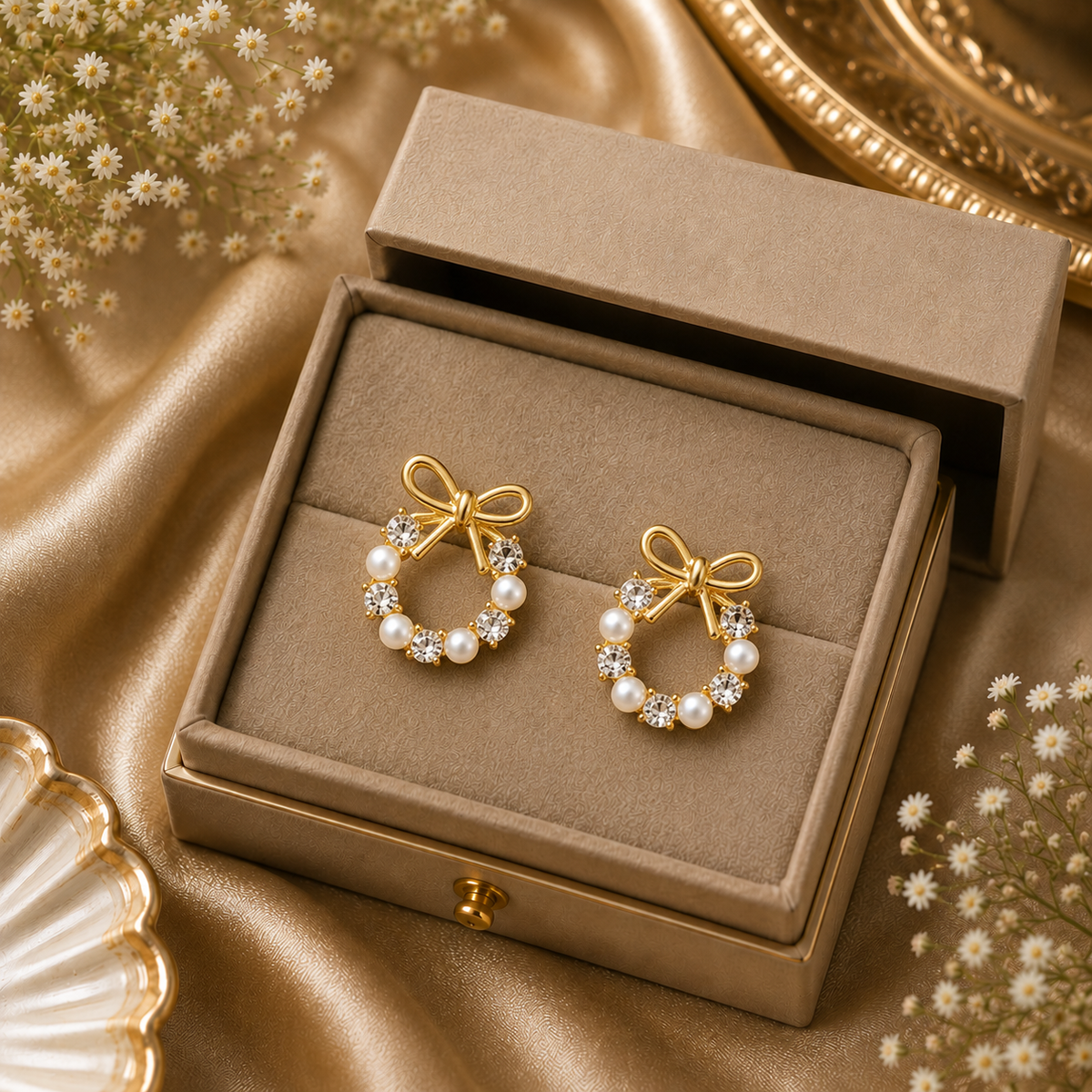 Pearl Bow Wreath Stud Earrings