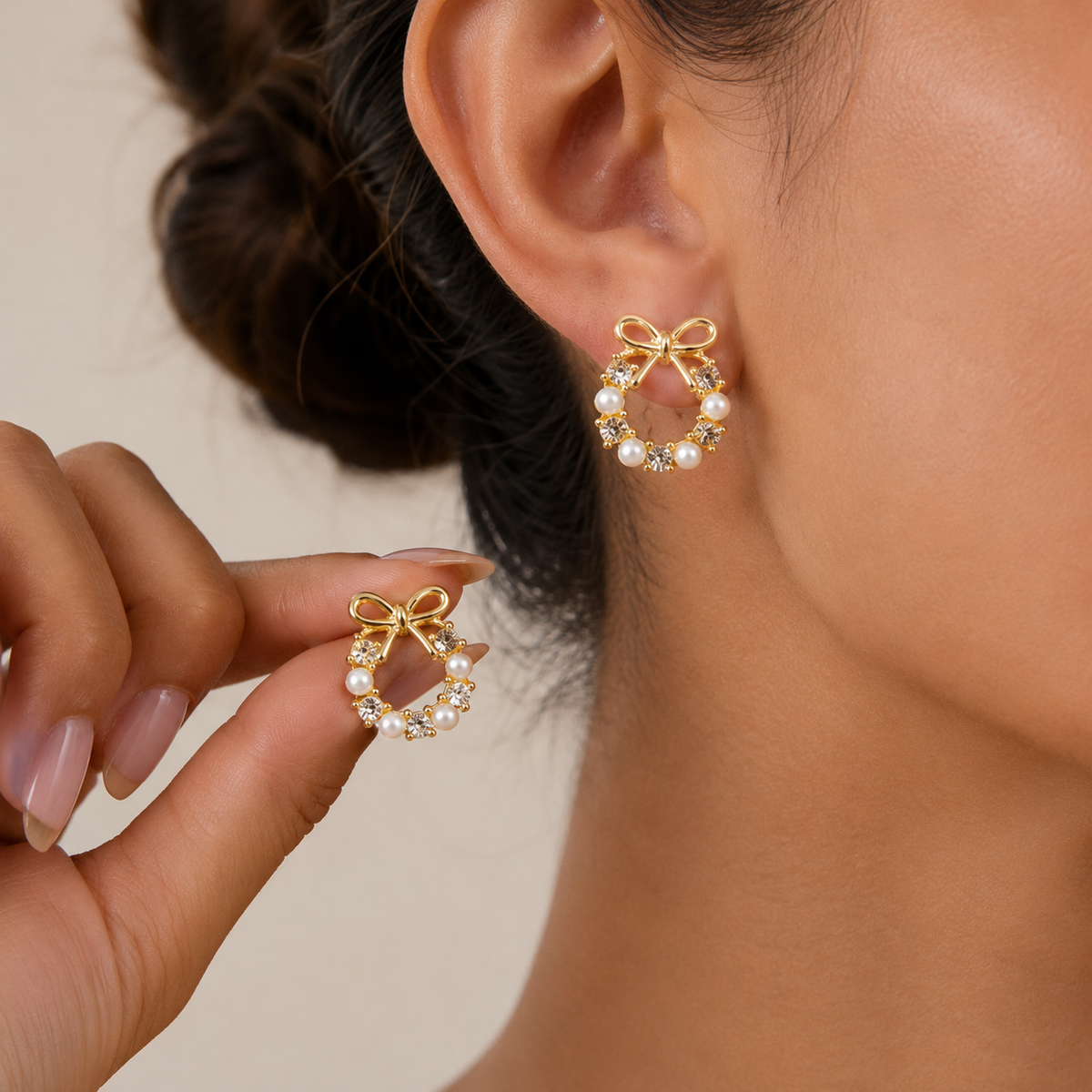 Pearl Bow Wreath Stud Earrings